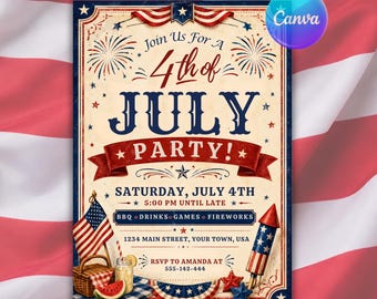 Convite para o 4 de Julho de 2026 - Churrasco e Festa para Assistir aos Fogos de Artifício do 250º Aniversário dos EUA (1776) - Modelo Editável em Canva - Download Digital - EUA