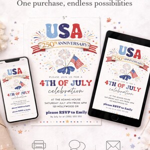 Puede incluir: Un dise&ntilde;o de invitaci&oacute;n para la celebraci&oacute;n del 4 de julio, mostrado en un smartphone, una tableta y una tarjeta impresa. El dise&ntilde;o presenta el texto "USA 250th Anniversary" y la bandera estadounidense. La invitaci&oacute;n mide 12,7 cm de ancho.