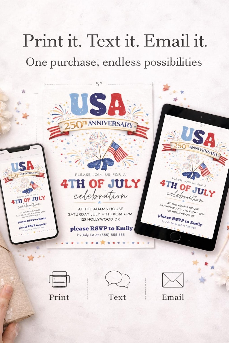 Puede incluir: Un dise&ntilde;o de invitaci&oacute;n para la celebraci&oacute;n del 4 de julio, mostrado en un smartphone, una tableta y una tarjeta impresa. El dise&ntilde;o presenta el texto "USA 250th Anniversary" y la bandera estadounidense. La invitaci&oacute;n mide 12,7 cm de ancho.