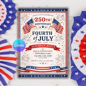 Independence Day 1776-2026 Party Flyer Invite, America 250th Anniversary Invitation, 4th of July BBQ Canva Template Instant Download USA