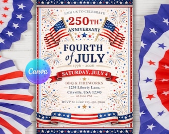 Invitación para fiesta del Día de la Independencia 1776-2026, invitación del 250 aniversario de Estados Unidos, plantilla de Canva para barbacoa del 4 de julio (descarga instantánea, EE. UU.)