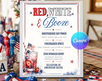 Modelo de cardápio de bar para o 4 de julho, placa imprimível com bebidas vermelhas, brancas e alcoólicas, placa editável com coquetéis para a festa do 250º Dia da Independência, download instantâneo.