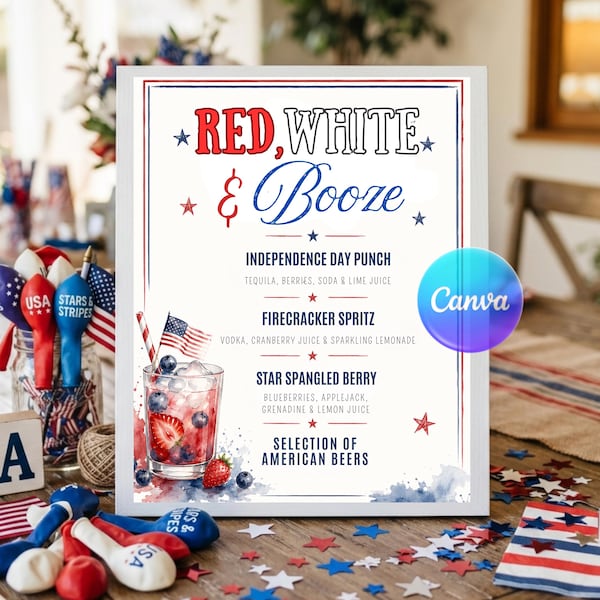 4th Of July Bar Menu Template, Printable Red White & Booze Drinks Sign, Editable Independence Day 250 Party Cocktails Sign, Instant Download