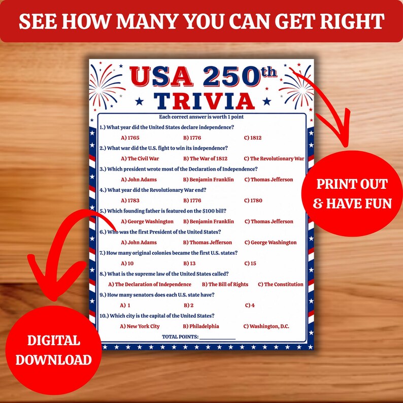 USA 250th Anniversary Trivia Game Printable, Patriotic 4th of July ...