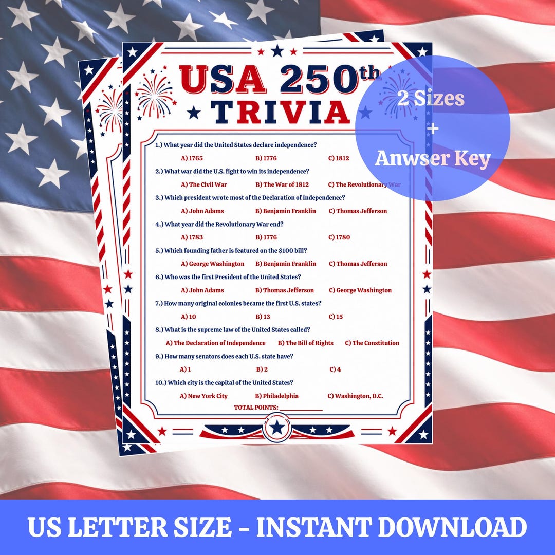 USA 250th Anniversary Trivia Game Printable, Patriotic 4th of July ...