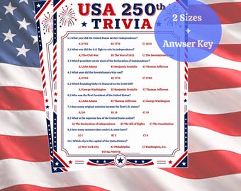 Jogo de perguntas e respostas sobre o 250º aniversário dos EUA para imprimir, jogo patriótico para festa de 4 de julho para crianças e adultos, atividade para churrasco do Dia da Independência, sala de aula americana