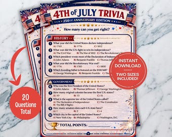 Jogo de perguntas e respostas sobre os EUA para o 4 de julho, perguntas patrióticas sobre o 250º aniversário da América, jogo de festa sobre a história dos Estados Unidos para 2026, download instantâneo e versão para impressão.