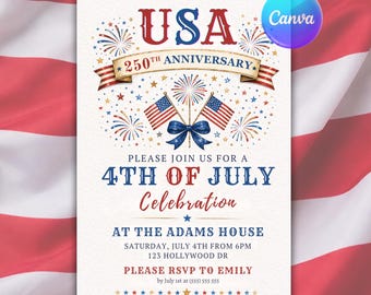 Convite para Festa de 4 de Julho - Comemoração do 250º Aniversário dos EUA - Churrasco com Fogos de Artifício - Modelo Editável no Canva - Dia da Independência Patriótico - Download Digital