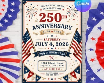 Convite para o 4 de Julho de 2026 - Festa do 250º Aniversário dos EUA - Flyer para Churrasco - Modelo Editável no Canva - Download Digital Instantâneo - EUA