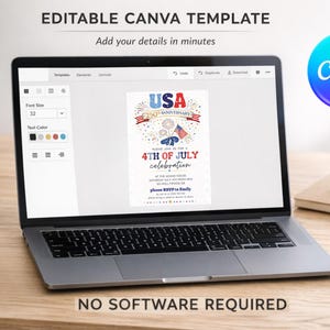 Puede incluir: Un port&aacute;til muestra una plantilla personalizable de invitaci&oacute;n del 4 de julio. La pantalla muestra un dise&ntilde;o con el texto "USA" y "4TH OF JULY celebration". Una taza de caf&eacute;, un cuaderno y un bol&iacute;grafo est&aacute;n sobre el escritorio de madera. El logotipo de Canva es visible.