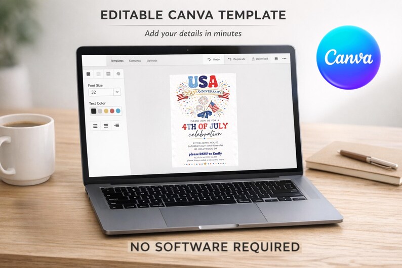 Puede incluir: Un port&aacute;til muestra una plantilla personalizable de invitaci&oacute;n del 4 de julio. La pantalla muestra un dise&ntilde;o con el texto "USA" y "4TH OF JULY celebration". Una taza de caf&eacute;, un cuaderno y un bol&iacute;grafo est&aacute;n sobre el escritorio de madera. El logotipo de Canva es visible.