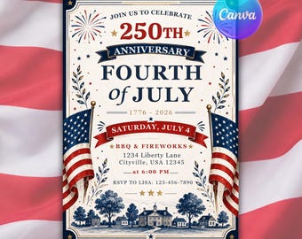 Flyer para o 4 de Julho de 2026 - Convite para Churrasco e Festa Comemorativa do 250º Aniversário dos EUA - Dia da Independência - Modelo Editável no Canva - Download Imediato
