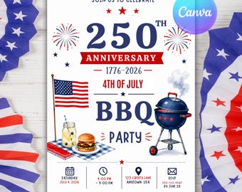 Convite para o 4 de Julho | Convite para a Festa do 250º Aniversário dos EUA | Churrasco e Fogos de Artifício do Dia da Independência | Modelo Editável no Canva
