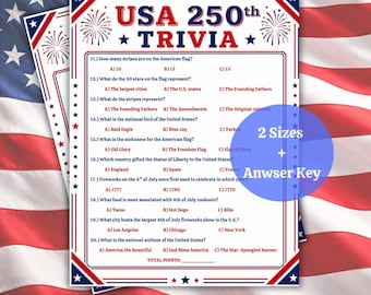 Jogo de perguntas e respostas sobre o 250º aniversário dos EUA para imprimir, jogo patriótico para festa de 4 de julho para crianças e adultos, atividade para churrasco do Dia da Independência, sala de aula americana