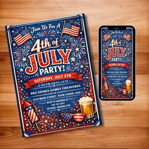4th of July Party Invitation Template 2026, America 250 USA BBQ Fireworks Invite, Red White Blue Patriotic Editable Canva Digital Download
