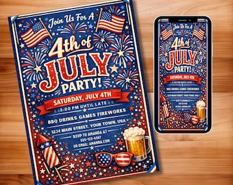 Plantilla de invitación para fiesta del 4 de julio de 2026, invitación para barbacoa y fuegos artificiales del 250 aniversario de Estados Unidos, diseño patriótico rojo, blanco y azul, editable en Canva (descarga digital)