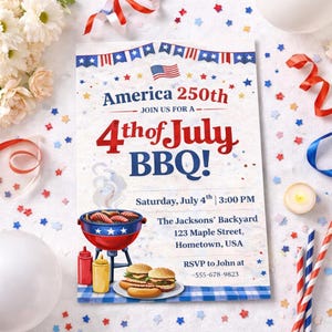 4th of July BBQ Invitation Flyer, America 250th Anniversary Party Invite 2026, Independence Day 1776-2026 Editable Canva Digital Download