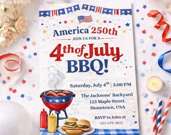 Convite para churrasco de 4 de julho, convite para a festa do 250º aniversário dos Estados Unidos em 2026, Dia da Independência (1776-2026) - Download digital editável em Canva.