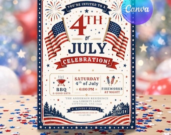 Convite para Festa do Dia da Independência (1776-2026), Convite para o 250º Aniversário dos EUA, Modelo de Convite para Churrasco de 4 de Julho no Canva para Download Instantâneo (EUA)