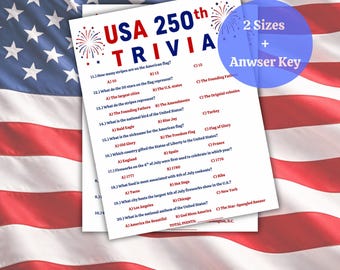 Jogo de perguntas e respostas sobre o 250º aniversário dos EUA para imprimir, jogo patriótico para festa de 4 de julho para crianças e adultos, atividade para churrasco do Dia da Independência, sala de aula americana