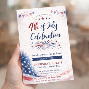 4th of July Fireworks Invitation, America 250 2026 Anniversary BBQ Invite, Red White Blue Patriotic Editable Canva Template Digital Download