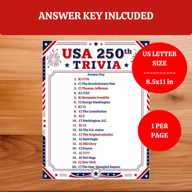USA 250th Anniversary Trivia Game Printable, Patriotic 4th of July ...