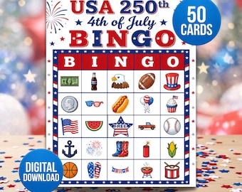 Bingo do 4 de Julho | Jogo Patriótico para Sala de Aula em Comemoração ao 250º Aniversário dos EUA | 50 Cartelas | Atividade para o Dia da Independência | Jogo de Bingo para Festa Americana de 4 de Julho