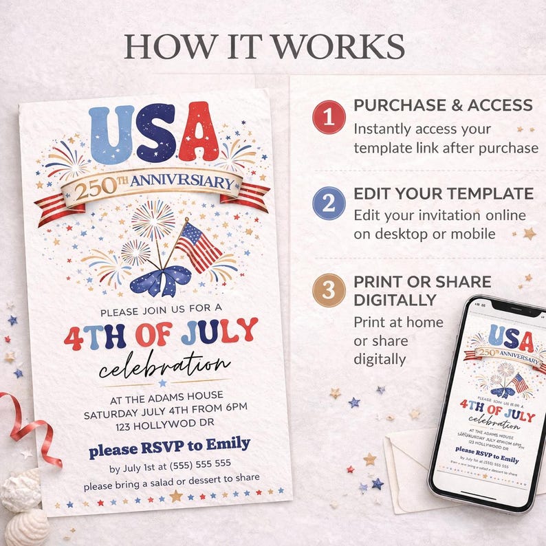 Puede incluir: Una invitaci&oacute;n patri&oacute;tica para una celebraci&oacute;n del 4 de julio. El dise&ntilde;o presenta el texto "USA 250th Anniversary" con fuegos artificiales y una bandera estadounidense. La invitaci&oacute;n incluye detalles del evento e informaci&oacute;n de RSVP.