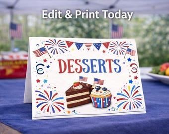 Etiquetas de comida editáveis para o 4 de julho, etiquetas para churrasco "America 250 BBQ" para imprimir, modelos de marcadores de lugar para festa nas cores vermelho, branco e azul para download instantâneo no Canva.