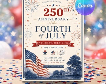 Convite para Festa do Dia da Independência (1776-2026), Convite para o 250º Aniversário dos EUA, Modelo de Convite para Churrasco de 4 de Julho no Canva para Download Instantâneo (EUA)