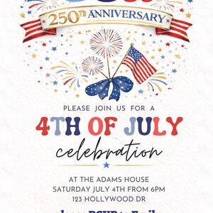 Puede incluir: Invitaci&oacute;n patri&oacute;tica para una celebraci&oacute;n del 4 de julio. El dise&ntilde;o presenta la palabra "USA" en rojo y azul, fuegos artificiales, una bandera estadounidense y el texto "250th Anniversary". La invitaci&oacute;n incluye detalles del evento.