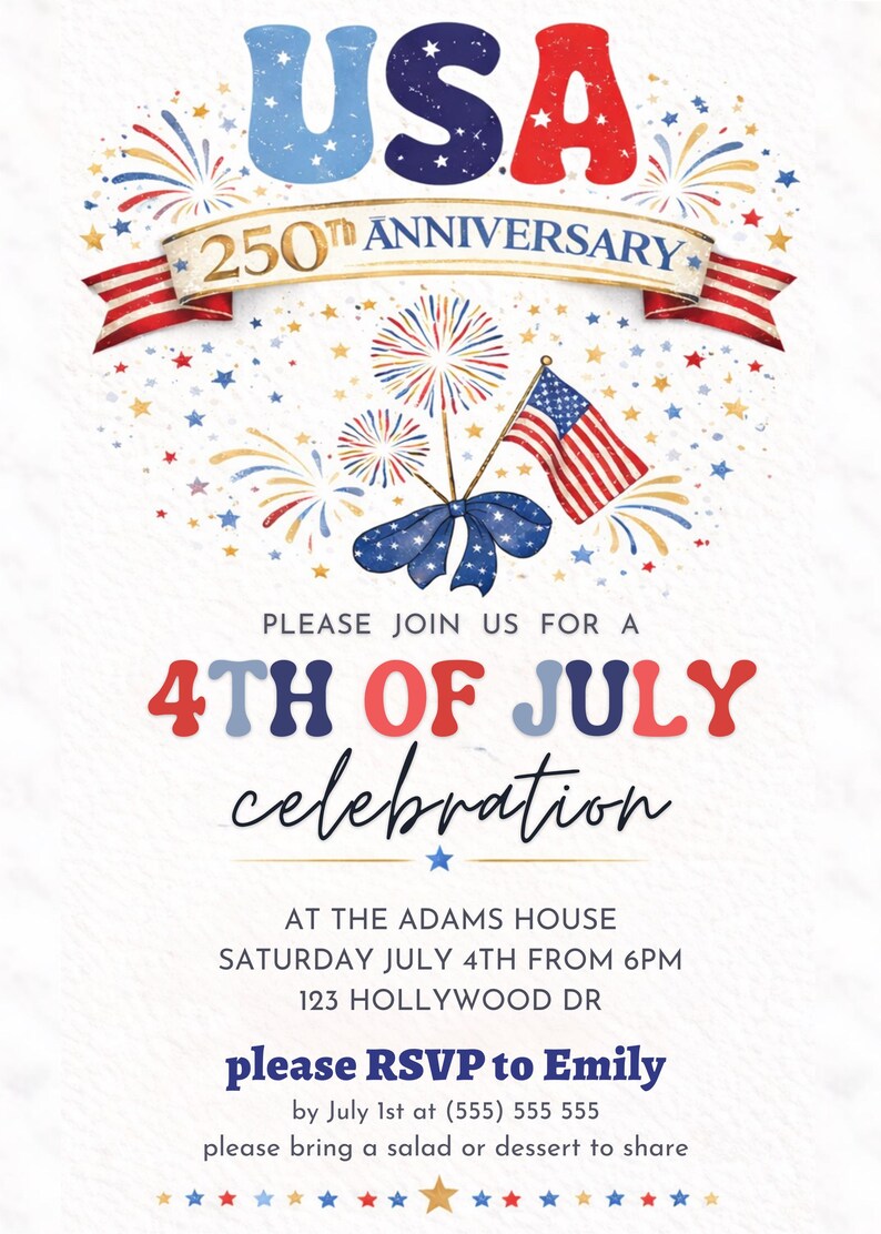 Puede incluir: Invitaci&oacute;n patri&oacute;tica para una celebraci&oacute;n del 4 de julio. El dise&ntilde;o presenta la palabra "USA" en rojo y azul, fuegos artificiales, una bandera estadounidense y el texto "250th Anniversary". La invitaci&oacute;n incluye detalles del evento.