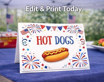 Etiquetas de comida para o 4 de julho para imprimir, etiquetas de comida para churrasco "America 250" editáveis, modelos de marcadores de lugar para festa do Dia da Independência em vermelho, branco e azul no Canva