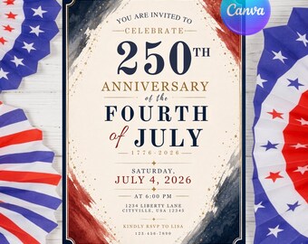 Flyer para churrasco de 4 de julho, convite para festa do 250º aniversário dos EUA em 2026, modelo editável do Canva para download digital do Dia da Independência (1776-2026).