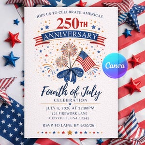 4th of July Invitation 2026, America 250th Anniversary Party Invite, Independence Day BBQ 1776-2026 Editable Canva Template Digital Download