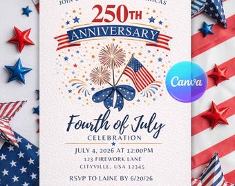 Invitación para el 4 de julio de 2026, invitación para la fiesta del 250 aniversario de Estados Unidos, barbacoa del Día de la Independencia 1776-2026. Plantilla editable de Canva para descarga digital.