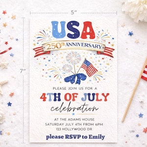Puede incluir: Una invitaci&oacute;n de 12,7 cm x 17,8 cm para una celebraci&oacute;n del 4 de julio, con el texto "USA 250th Anniversary". El dise&ntilde;o incluye fuegos artificiales, una bandera estadounidense y la frase "Please join us for a 4th of July celebration".