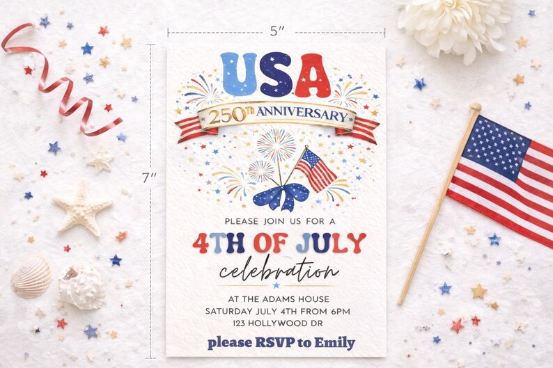 Puede incluir: Una invitaci&oacute;n de 12,7 cm x 17,8 cm para una celebraci&oacute;n del 4 de julio, con el texto "USA 250th Anniversary". El dise&ntilde;o incluye fuegos artificiales, una bandera estadounidense y la frase "Please join us for a 4th of July celebration".