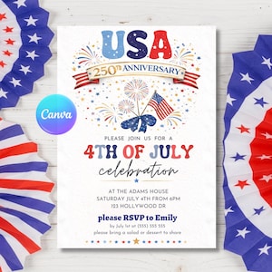 Puede incluir: Una invitaci&oacute;n blanca para una celebraci&oacute;n del 4 de julio. El dise&ntilde;o incluye el texto "USA 250th Anniversary" con fuegos artificiales y una bandera estadounidense. La invitaci&oacute;n tambi&eacute;n incluye detalles del evento y una solicitud de confirmaci&oacute;n de asistencia.