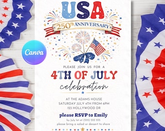Folleto para barbacoa del 4 de julio, invitación a la fiesta del 250 aniversario de Estados Unidos 2026, plantilla editable de Canva para el Día de la Independencia 1776-2026 (descarga digital)