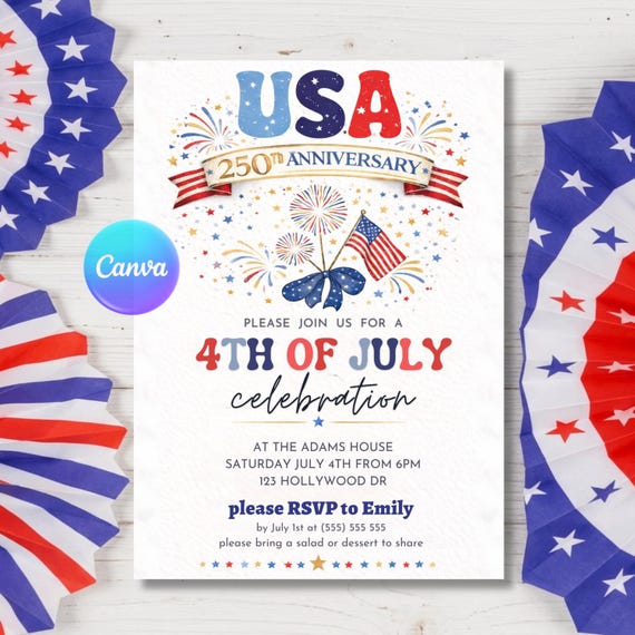 4th of July BBQ Invitation, America 250th Anniversary 2026 Party Invite, Independence Day 1776-2026 Editable Canva Template Digital Download