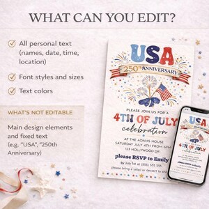 Puede incluir: Un dise&ntilde;o de invitaci&oacute;n patri&oacute;tica para una celebraci&oacute;n del 4 de julio. El dise&ntilde;o presenta el texto "USA 250th Anniversary" y "4th of July celebration" con fuegos artificiales y banderas americanas. Un smartphone muestra la invitaci&oacute;n.