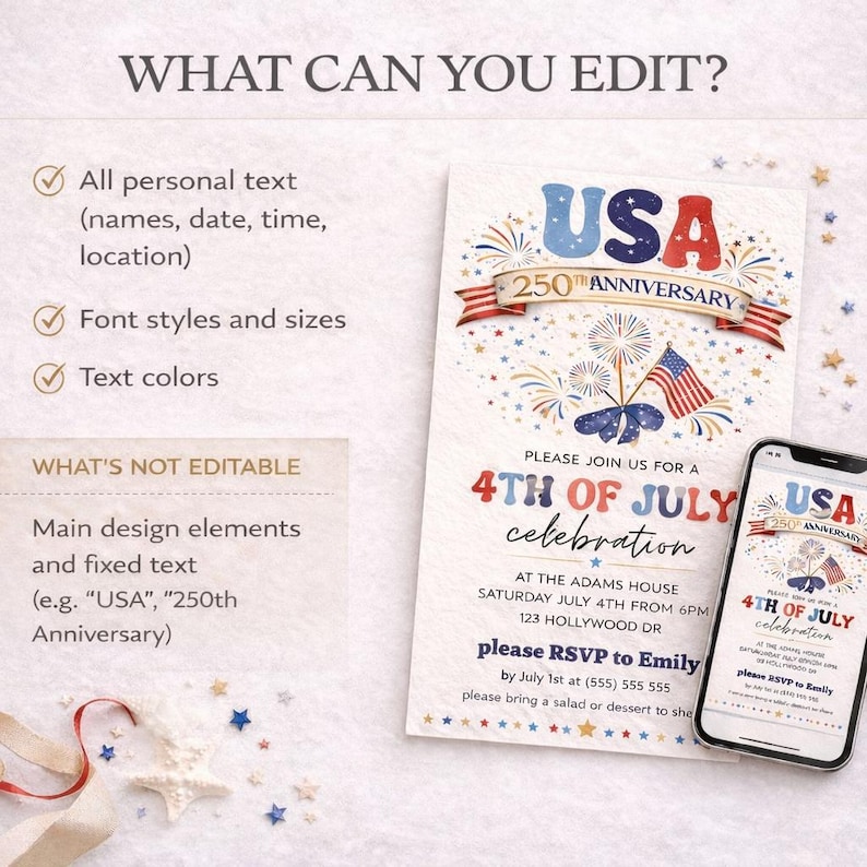 Puede incluir: Un dise&ntilde;o de invitaci&oacute;n patri&oacute;tica para una celebraci&oacute;n del 4 de julio. El dise&ntilde;o presenta el texto "USA 250th Anniversary" y "4th of July celebration" con fuegos artificiales y banderas americanas. Un smartphone muestra la invitaci&oacute;n.