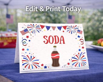 Rótulos de bebidas editáveis para o 4 de julho, tendas para bebidas para churrasco do 250º aniversário da América para imprimir, placas para água, limonada e refrigerante nas cores vermelho, branco e azul (modelo para download no Canva).