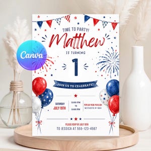 4th of July Birthday Invitation, Patriotic 1st Birthday Party Invite, Red White Blue Fireworks America 250 Editable Canva Template Download