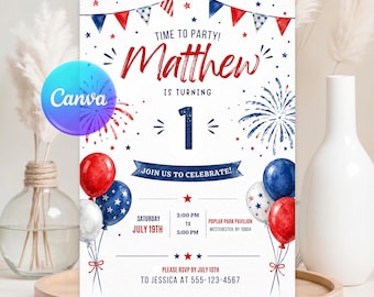 Invitación de cumpleaños del 4 de julio, invitación para fiesta de primer cumpleaños patriótica, fuegos artificiales rojos, blancos y azules de Estados Unidos, plantilla editable de Canva 250 para descargar.