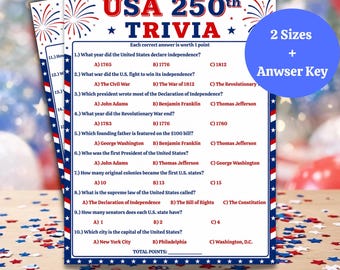 Jogo de perguntas e respostas sobre o 250º aniversário dos EUA para imprimir, jogo patriótico para festa de 4 de julho para crianças e adultos, atividade para churrasco do Dia da Independência, sala de aula americana