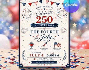Convite para Festa do Dia da Independência (1776-2026), Convite para o 250º Aniversário dos EUA, Modelo de Convite para Churrasco de 4 de Julho no Canva para Download Instantâneo (EUA)