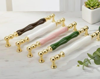 Elegant Porcelain Pulls - Antique Gold, 96-192mm, Handmade Premium Kitchen & Furniture Hardware