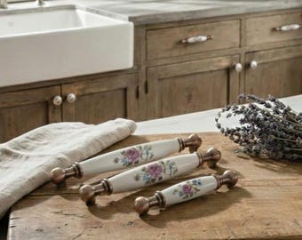 Floral Porcelain Cabinet Knobs & Antique Gold Pulls, 96-160mm, Premium Handmade Kitchen  Furniture Hardware
